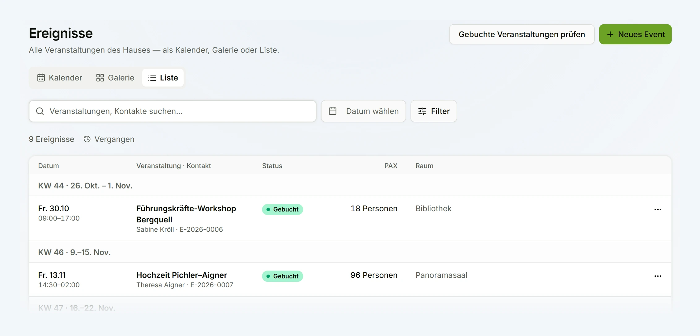 DynaQ-Veranstaltungen: Liste mit Datum, Kontakt, Personen und Raum