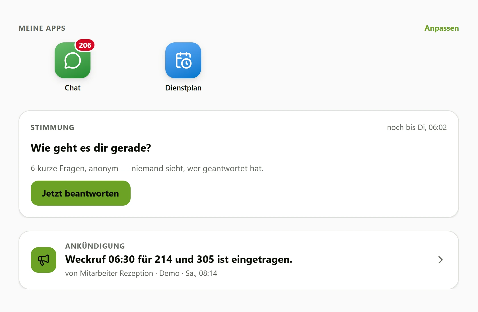 Startseite der DynaQ-App mit eigenen Apps und einer Ankündigung
