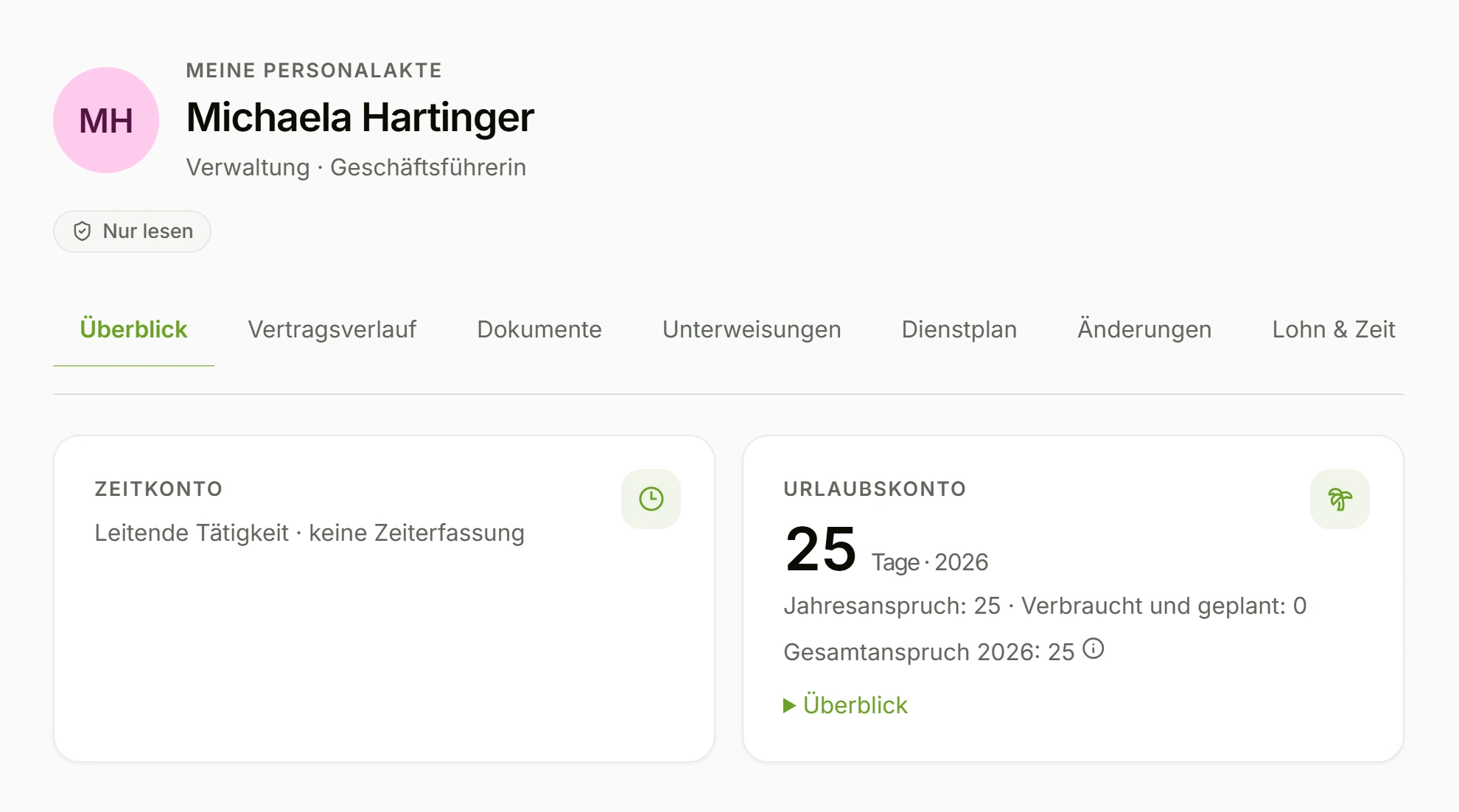 Personalakte in DynaQ mit Überblick, Zeitkonto und Urlaubskonto