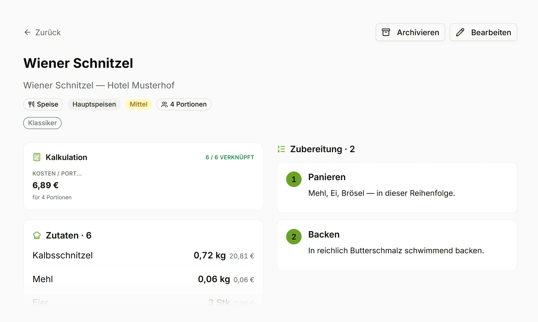 DynaQ-Rezept mit Kalkulation, Zutaten und Zubereitung