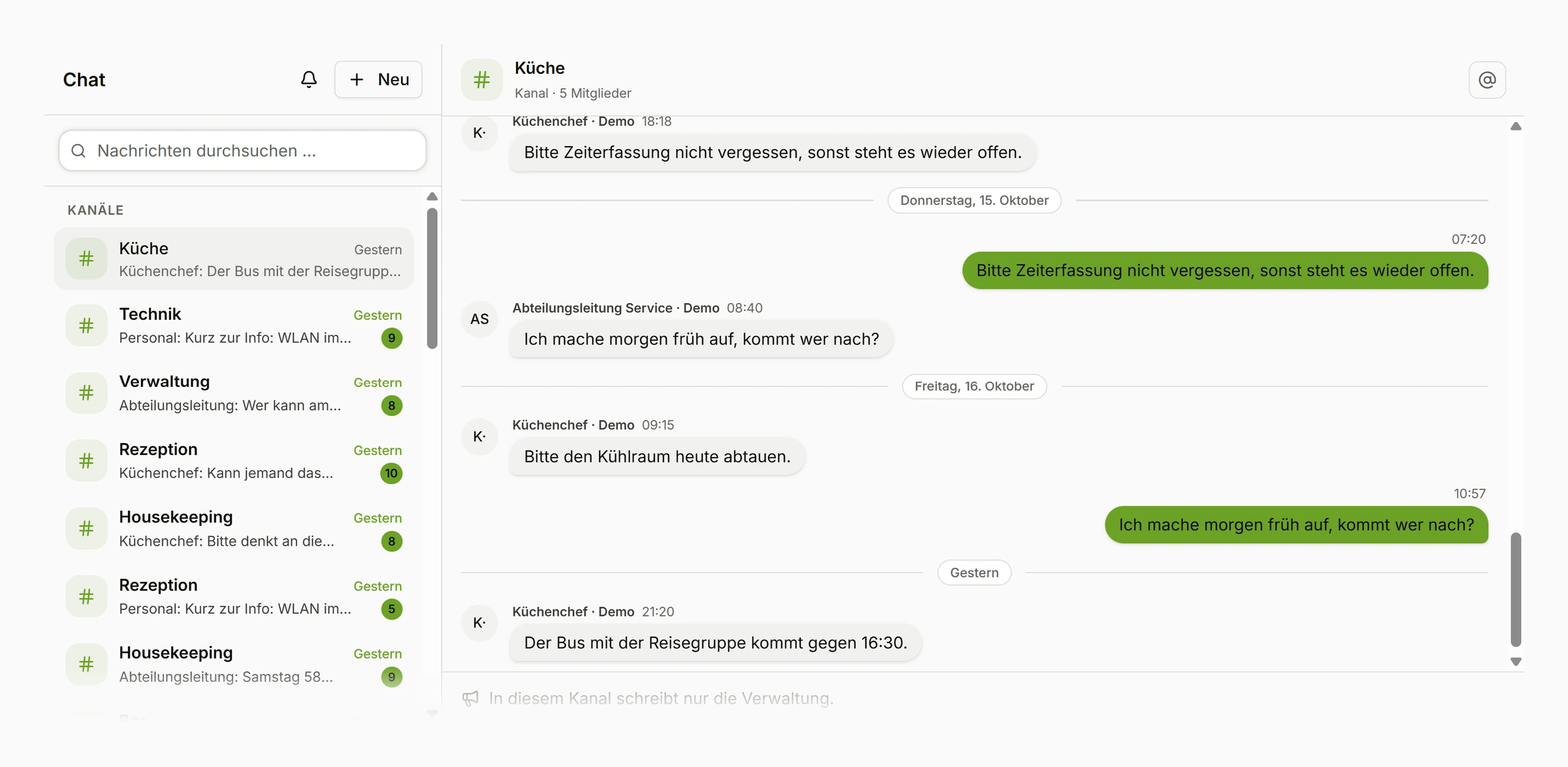 DynaQ-Team-Chat mit Kanälen je Abteilung