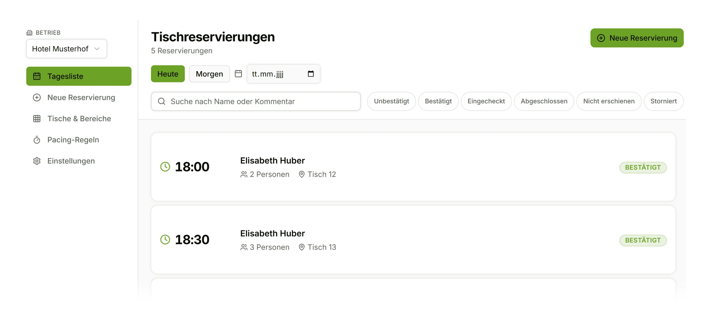 DynaQ-Tischreservierungen: Tagesliste mit Uhrzeit, Personen und Tisch