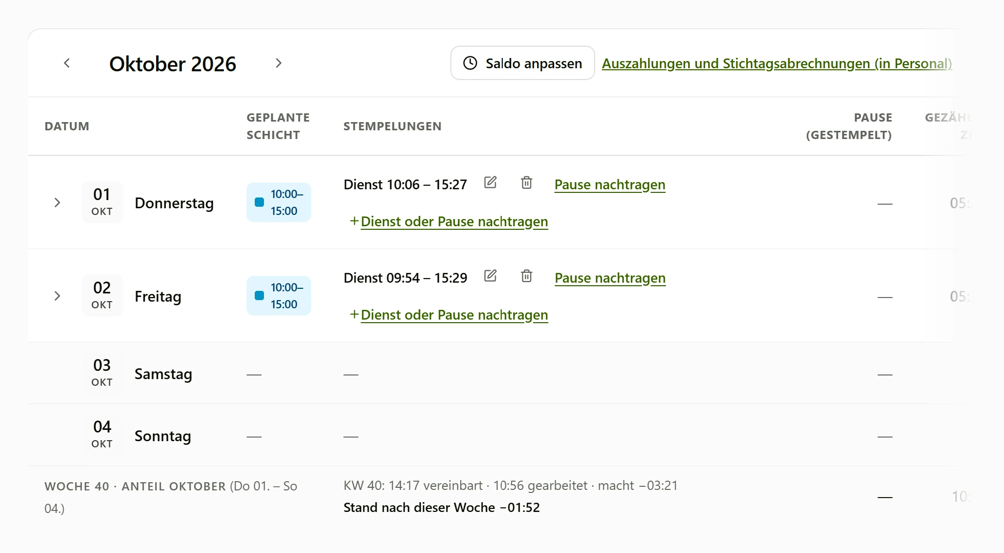 Stundenkarte in DynaQ mit geplanter Schicht und Stempelungen