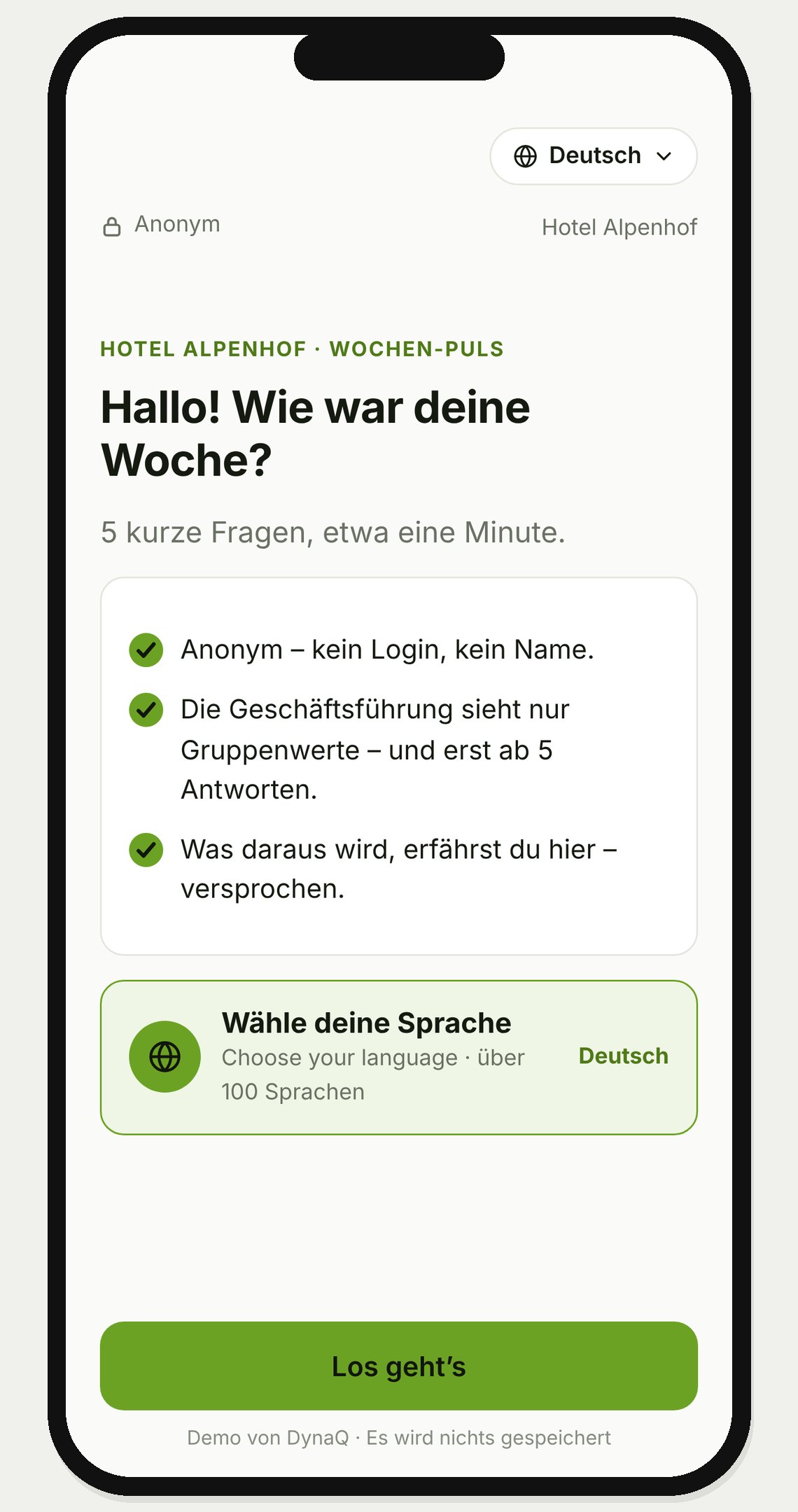 Startbildschirm der Befragung am Handy: Hallo! Wie war deine Woche? 5 kurze Fragen, etwa eine Minute, anonym