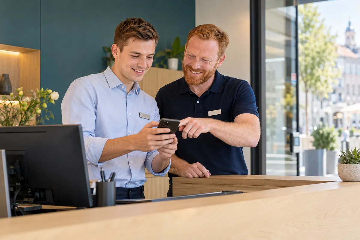 Zwei Mitarbeiter an der Rezeption schauen gemeinsam lachend auf ein Handy.