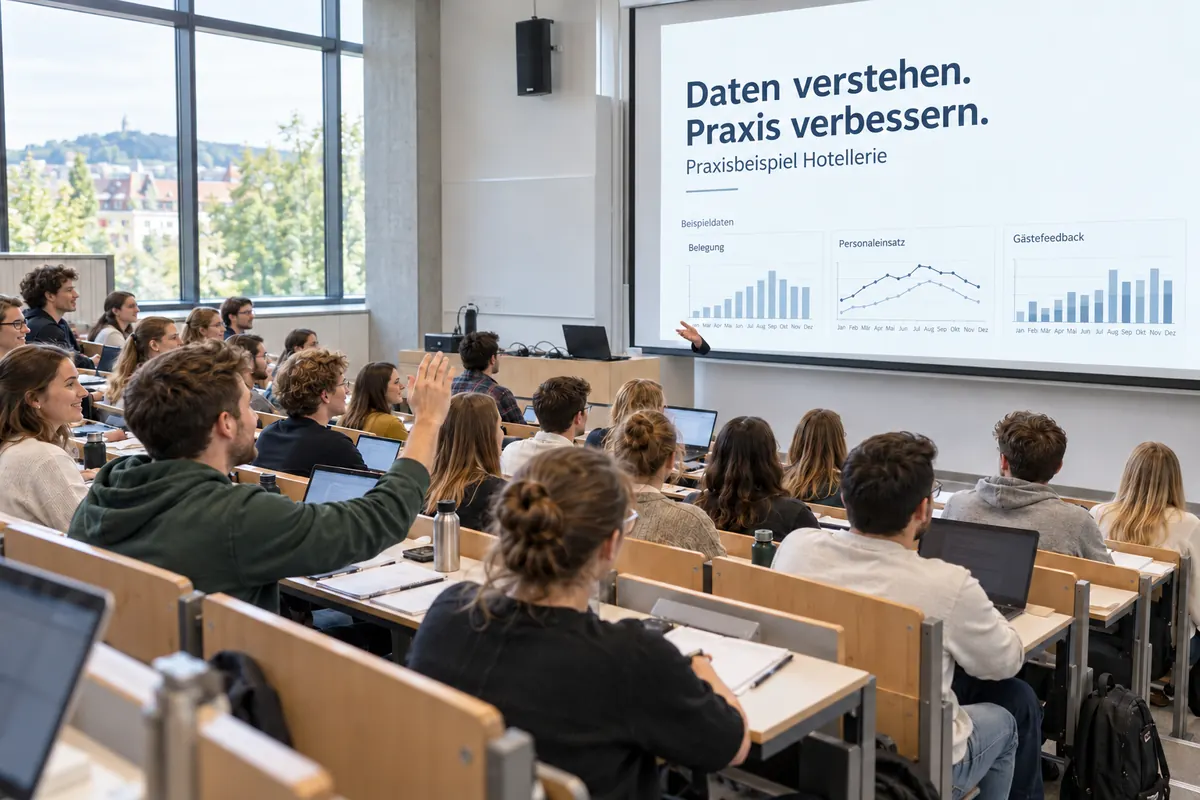 Studierende in einem hellen Hörsaal folgen einer Präsentation mit Kennzahlen aus der Hotellerie, einer meldet sich.