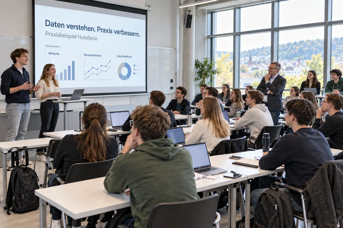 Zwei Studierende präsentieren ein Praxisprojekt mit Hotelkennzahlen vor ihrer Gruppe.