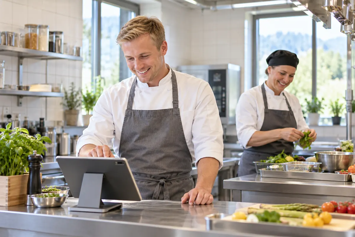 Ein Koch schaut in der Hotelküche auf ein Tablet, im Hintergrund richtet eine Köchin Salat an.