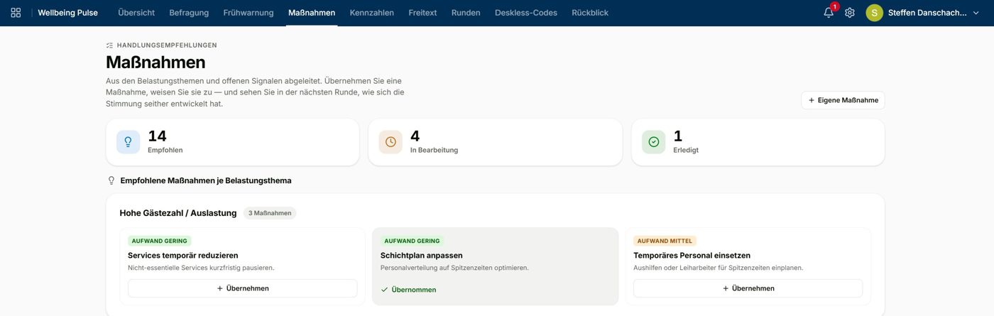 DynaQ: Empfohlene Maßnahmen je Belastungsthema, jeweils mit Aufwand und einem Knopf zum Übernehmen